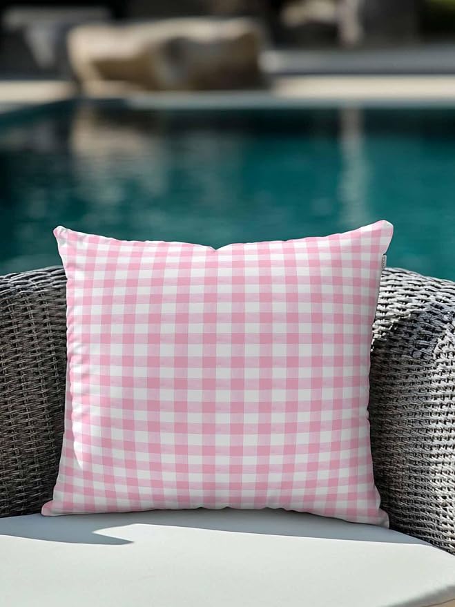 Outdoor Waterproof Throw Pillows Pink Geometric Plaid Patio Pillows,Decorative Pillow Covers with Insert,Pillow Cushion Case for Garden Couch Sofa Rustic Minimalist Checkered