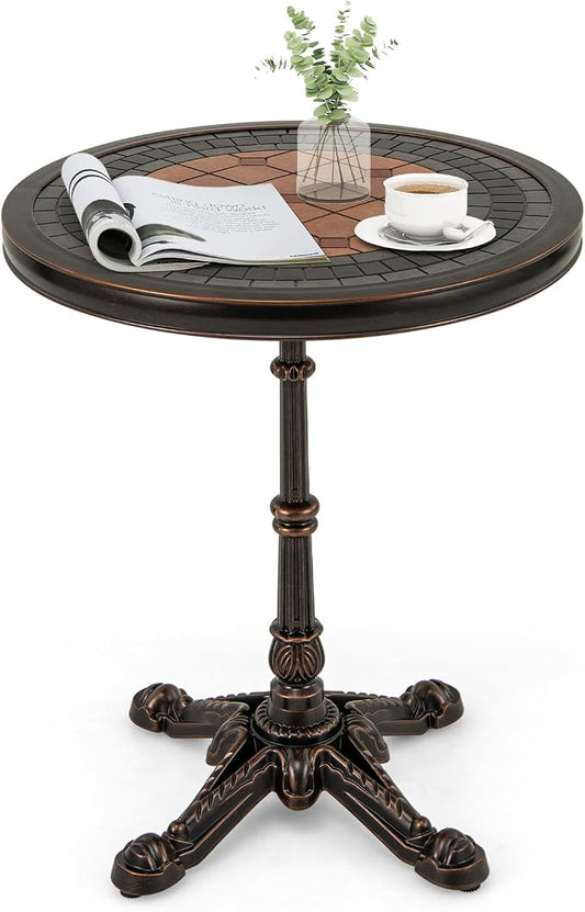 HAPPYGRILL 24” Patio Side Table, Outdoor Cast Aluminum End Table w/Painted Tabletop & Cross-Shaped Base, Mid Century Coffee Table Decorative Accent Table for Living Room Backyard Garden