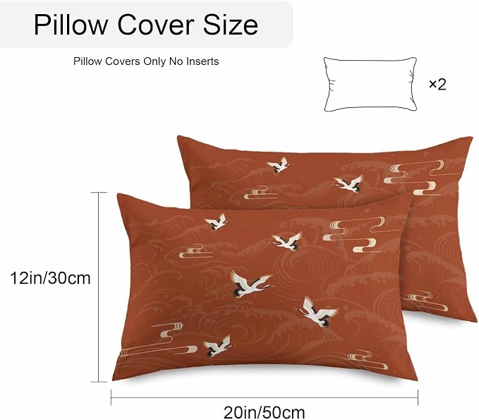 Japanese Style Outdoor Pillow Covers 20x12 Inch Lumbar Pillow Covers Set of 2 Waterproof Decorative Throw Pillow Cases Vintage Art Cranes Ocean Wave Red Cushion Covers for Patio Furniture Garden Couch