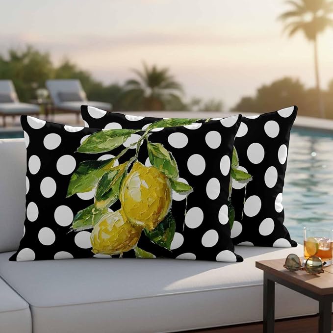 Waterproof Pillow Covers Set of 2,Farmhouse Yellow Lemon Green Leaf Outdoor Pillow Protectors with Zipper Pillowcases for Patio Tent Garden Beach 20x12 Inches Black White Polka Dot