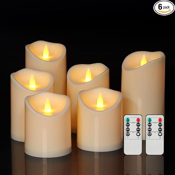 Flameless Candles Set of 6, Realistic Pillars with Cozy Climbing Flame Effect, Plasic Waterproof Outdoor & Indoor Ambiance with 2 Remotes & Timer for Patio Garden Home Decor (Ivory)