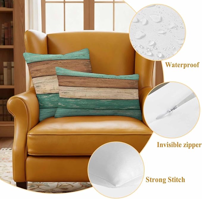 Farmhouse Teal Brown Outdoor Waterproof Pillow Covers, Vintage Wooden Striped Decorative Square Throw Pillowcase Sofa Cushion Sham for Patio/Couch/Chair, 26"x26" 2 Pack
