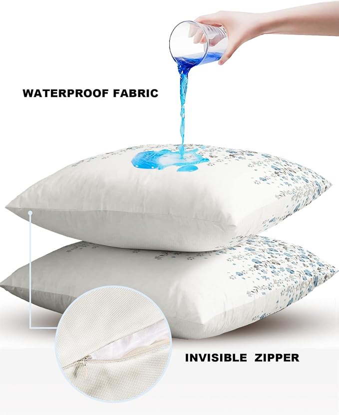 Floral Outdoor Pillow Covers Pack of 2, Blue and Grey Flowers Waterproof Pillow Covers Seasonal Spring Summer Throw Pillowcase for Patio Funiture Garden Tent, 20 x 20 inch