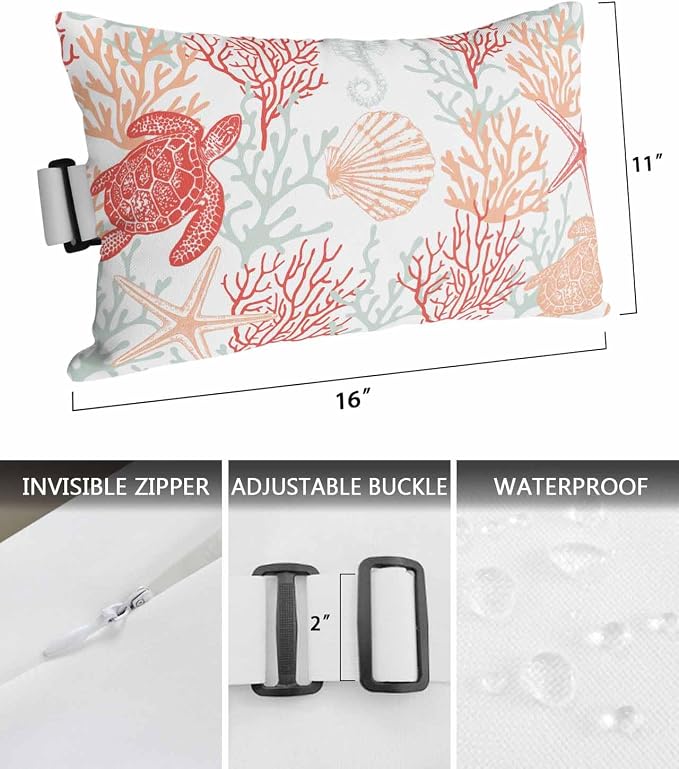 Lumbar Pillow Covers Set of 4, Red Orange Coastal Waterproof Outdoor Chaise Lounge Pillow Covers with Elastic Strap, Sea Turtle Nautical Coral Summer Beach Headrest Pillowcase for Patio, 11 x 16