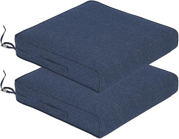 Aoodor Patio Chair Cushions Set of 2, 24 x 24 x 4 Inch Water Resistant Outdoor Seat Cushions with Handle and Ties, Square Corner Cushions for Patio Furniture Garden Lawn, Navy Blue