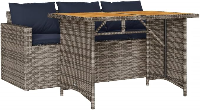 2 Piece Patio Dining Set Gray Poly Rattan with Cushions | Acacia Wood Tabletop, Powder-Coated Steel Frame, Removable Washable Cushion Covers