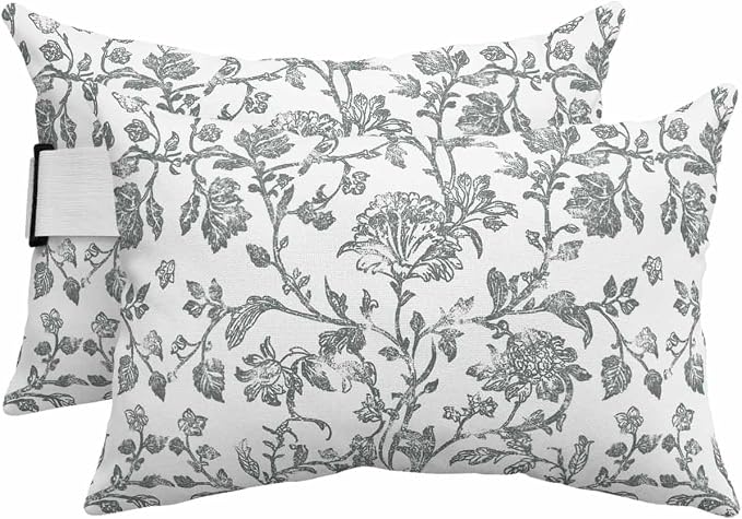 Pack of 2 Outdoor Lumbar Pillow Covers 11x16 Inch, Spring Flower Waterproof Throw Pillow Covers Set, Vintage Farmhouse Blue Grey Boho Leaf Indoor&Outdoor Decorative Cushion Cases for Patio Porch Beach