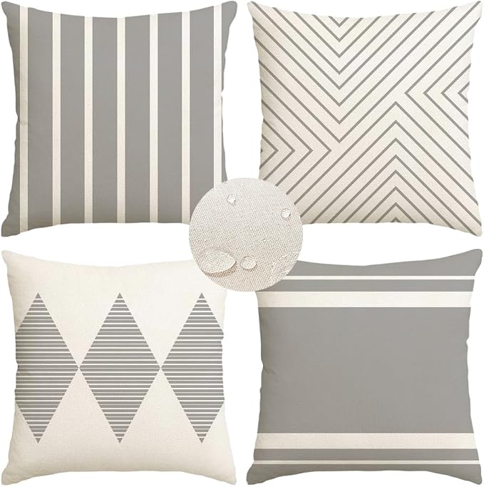 Outdoor Pillows Covers 18x18 Waterproof,Grey and Beige Set of 4(No Insert) | for Covered Patio Furniture Couch Sunbrella,No Insert Just Covers,Fit 18x18 inch Inserts or Smaller,Durable Polyester,Boho