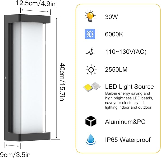 10%-100% Dimming LED Modern Outdoor Wall Light 2 Packs, 16in 6000K Dimmable Porch & Patio Wall Light Fixture,Black Aluminum&Dual PC Wall Lights for Garage Living Room Courtyard House(2Packs 6000K)