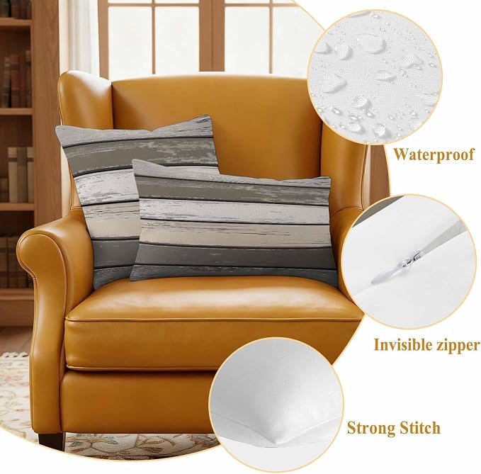 Retro Dark Grey Stripe Outdoor Waterproof Throw Pillow Covers Set of 2, 26"x26", Peeling Paint Effect Texture Decorative Pillow Covers Outside Cushion Case for Patio Porch Garden