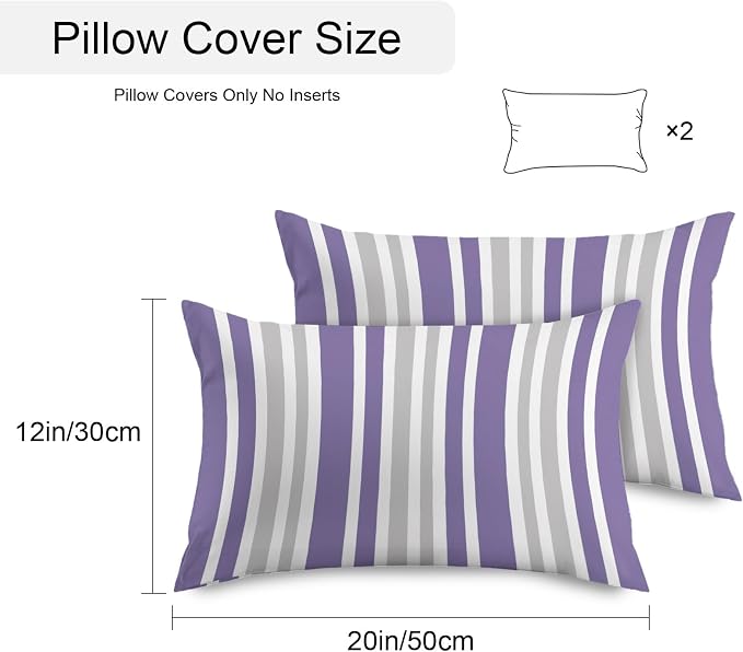 Purple Grey Stripe Outdoor Pillow Covers 20x12 Inch Lumbar Pillow Covers Set of 2 Waterproof Decorative Throw Pillow Cases Farmhouse Minimalist Striped Cushion Covers for Patio Furniture Garden Couch