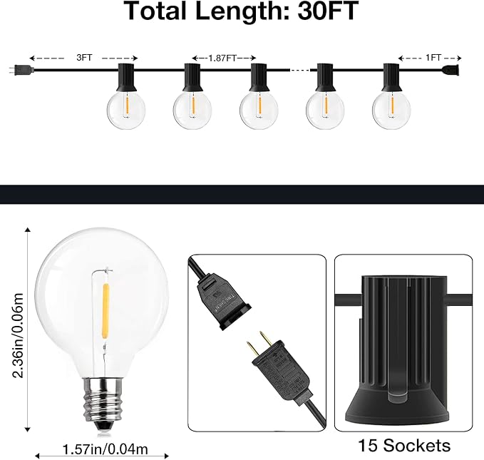GPATIO Outdoor String Lights - 30FT Waterproof Patio Lights with 15+1 Dimmable Globe Bulbs 2700k Shatterproof for Backyard Gazebo Porch Garden