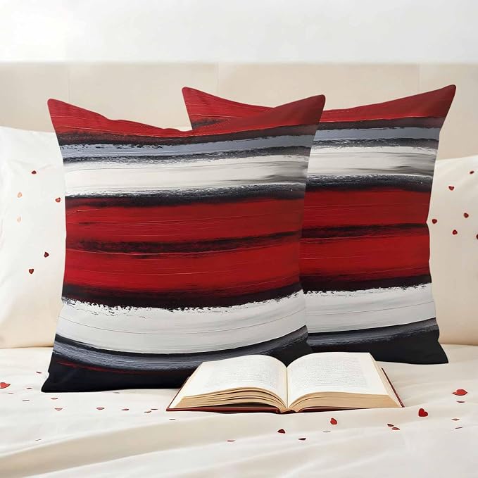 Red and Black Strip Outdoor Pillow Covers 20"x20" Set of 2, Classic Modern Art Waterproof Throw Pillow Covers for Patio Furniture, Decorative Cushion Covers for Porch