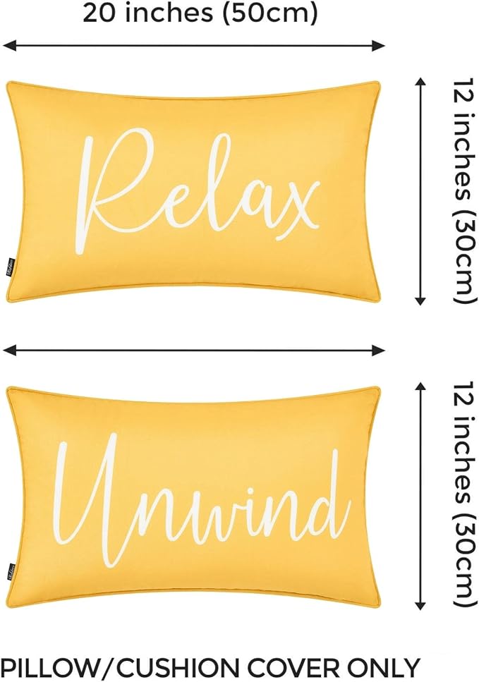 Hofdeco Porch Patio Indoor Outdoor Lumbar Pillow Cover ONLY for Backyard, Couch, Sofa, Yelllow Relax Unwind, 12"x20", Set of 2