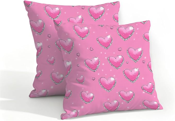 16x16 Inch Outdoor Pillow Covers Set of 2 Waterproof Throw Pillow Covers Decorative Couch Cushion Covers Pink Hearts with_ Diamonds Square Pillowcases Protectors for Patio Garden Sofa