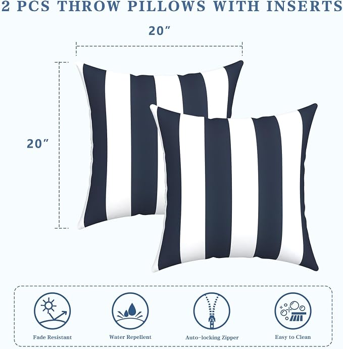 LVTXIII Outdoor Throw Pillows, Decorative Throw Pillows with Inserts, 20"x20" Square Pillows for Bed, Couch, Sofa and Patio Furniture, Set of 2, Cabana Navy