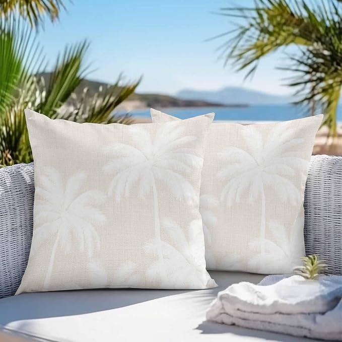 Outdoor Pillow Covers 24x24 Inch Set of 2, Cream Palm Trees Waterproof Throw Pillow Covers, Farmhouse Tropical Summer Beach Decorative Cushion Pillowcases for Couch, Sofa, Bed, Garden, Patio