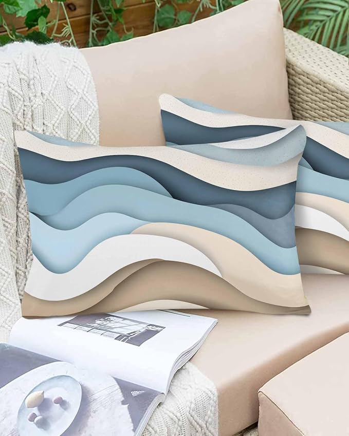 Pack of 2 Blue Brown Abstract Outdoor Pillow Waterproof Covers 20x12 inch, Gradient Water Ripple Polyester Throw Pillow Covers Garden Cushion Decorative Case for Patio Couch Decoration