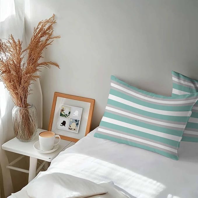 Aqua Grey Stripe Outdoor Pillow Covers Waterproof, All Weather Cushion Case Set of 2, Minimalist Farmhouse Striped Lumbar Pillowcase for Sofa Couch Bed Decor Patio Furniture 20"x12"