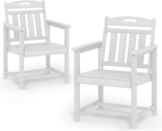Patio Chairs Set of 2, HDPE Outdoor Dining Chairs with Wide Seat, All Weather Oversized Porch Chair for Garden, Backyard, Deck - White