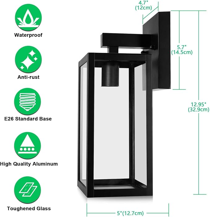 MAXvolador Outdoor Wall Lantern, Exterior Waterproof Wall Sconce Light Fixture, Black Anti-Rust Mount Light with Clear Glass, E26 Base Wall Lamp | Porch Wall Sconce Black, Anti-Rust, E26 Socket, Clear Glass, Outside Wall Mount Light, Front Door Lightin...