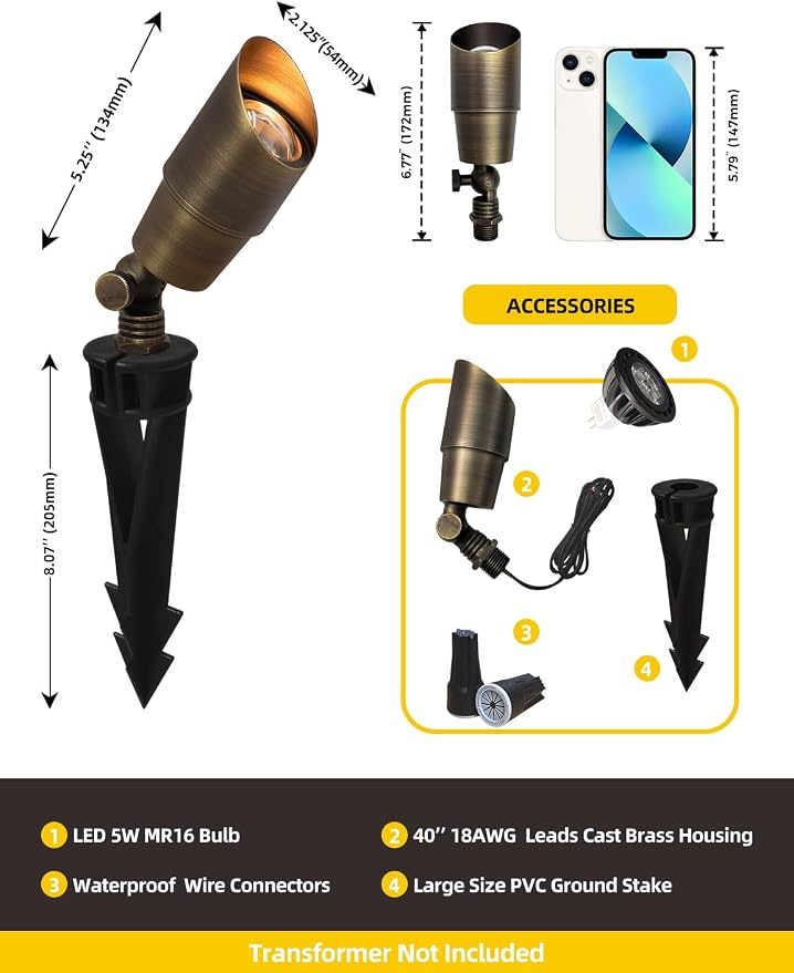 COLOER Die-cast Brass Low Voltage Spotlight 1-Pack with 5W Aluminum Housing MR16 LED Bulb 2700K 450LM CRI85+,12V AC/DC Outdoor Landscape Lighting, Directional Garden Patio Spot Up Light(101B)
