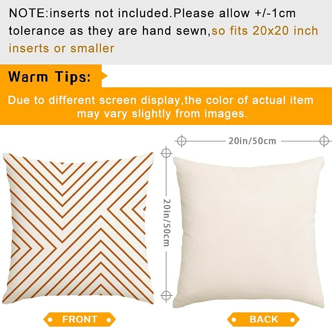 Outdoor Pillows Covers 20x20 Waterproof,Orange and Beige Set of 4(No Insert | for Covered Patio Furniture Couch Sunbrella,No Insert Just Covers,Fit 20x20 inch Inserts or Smaller,Durable Polyester,Boho