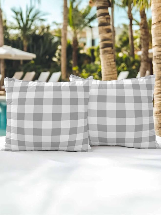 Waterproof Outdoor Pillow Set of 2 Grey Buffalo Plaid Decorative Throw Pillows Cover & Insert 18x18 Inch Pillowcase Check Lines Square Pillows for Couch Sofa Bed Patio Furniture Indoor Outdoor
