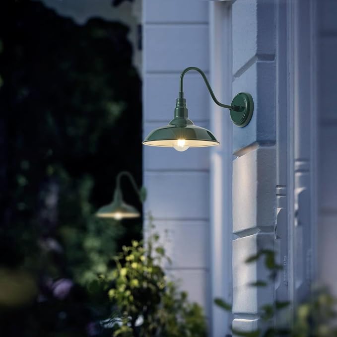 10in Outdoor Gooseneck Barn Light Wall Mount, Green Exterior Farmhouse Porch Lights with White Interior Small Dome Outdoor Patio Gooseneck Wall Sconce Garage Lighting for House, Cabin
