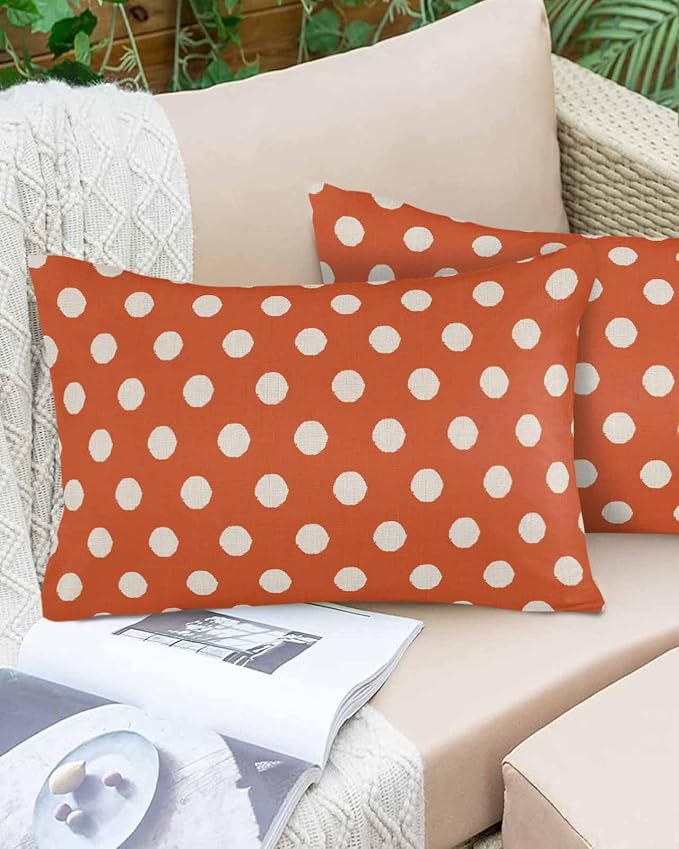 Outdoor Waterproof Throw Pillow Covers Set of 2 Orange Polka Dots Lumbar Pillowcases 20x12 Inches Cute Solid Color Decorative Pillows Cushion Case Patio Pillows for Couch Bed Chair Garden
