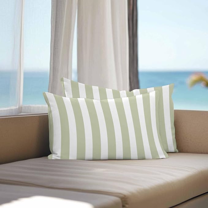 Sage Green Striped Outdoor Waterproof Throw Pillow Covers 20x12 Set of 2, Modern Farmhouse Sage Green White Stripes Decorative Pillowcases Cushion Pillowcase for Couch Sofa Patio Pillow Protector
