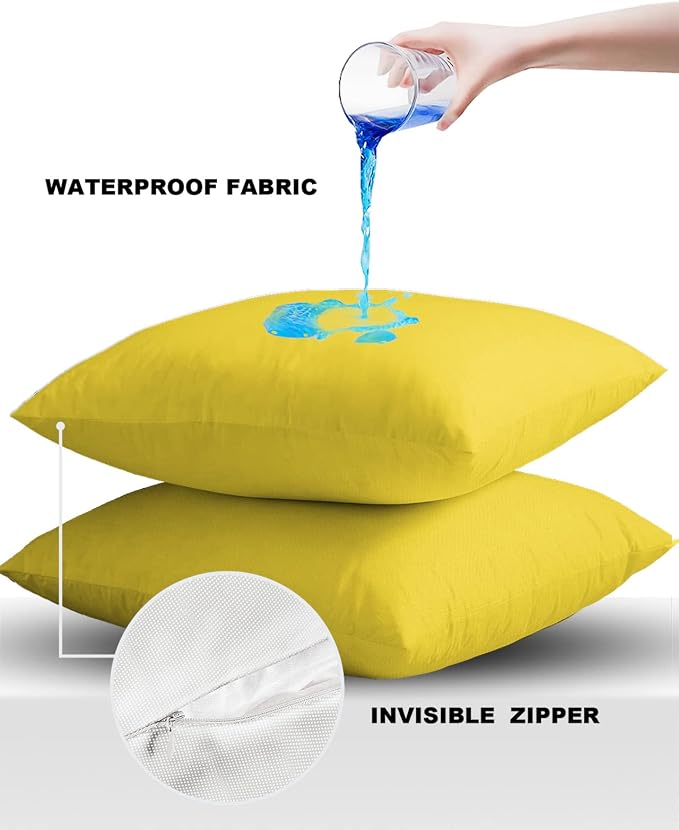 Outdoor Waterproof Pillow Covers for Patio Furniture Bright Yellow Decorative Throw Pillow Cover Solid Color Pillowcases Set of 2 Cushion Case for Sofa Couch Chair Home Decor 18x18 inch x 2pcs