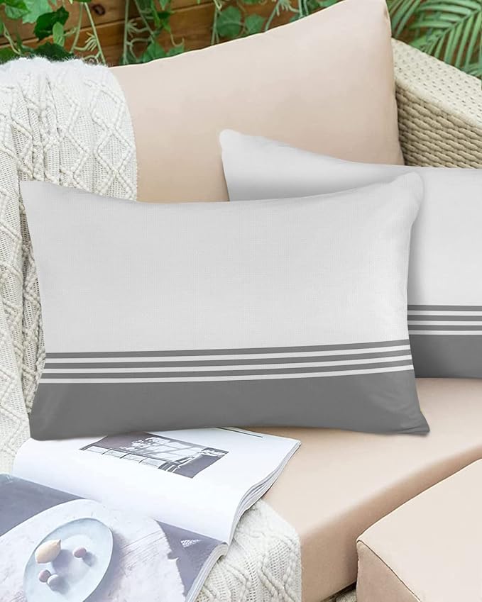 Lumbar Pillow Covers 20x12 Inch Set of 2, Grey White Striped Waterproof Outdoor Cushion Covers, Modern Abstract Art Aesthetics Decorative Pillowcases for Couch, Sofa, Bed, Garden, Patio