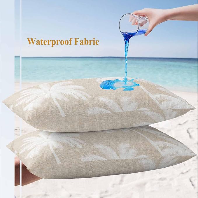 Lumbar Pillow Covers 20x12 Inch Set of 2, Beige Palm Trees Waterproof Outdoor Pillow Covers, Farmhouse Tropical Summer Beach Decorative Cushion Pillowcases for Couch, Sofa, Bed, Garden, Patio