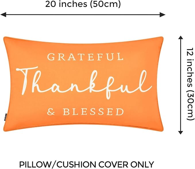 Hofdeco Porch Patio Indoor Outdoor Lumbar Pillow Cover ONLY for Backyard, Couch, Sofa, Grateful Thankful, 12inchx20inch, Orange (03-0411-13)