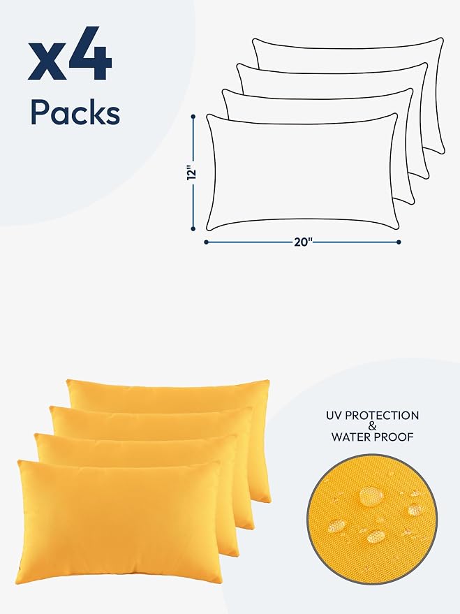Indoor Outdoor Lumbar Pillows,Waterproof Outdoor Pillows Set of 4 for Patio Furniture,12×20 Inch, Yellow