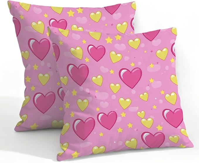 22x22 Inch Outdoor Pillow Covers Set of 2 Waterproof Throw Pillow Covers Decorative Couch Cushion Covers Pink Hearts Yellow Star Square Pillowcases Protectors for Patio Garden Sofa