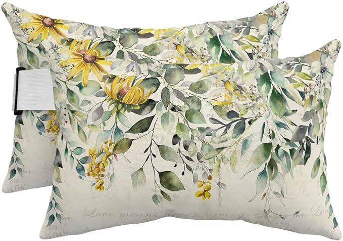Lumbar Pillow Covers Set of 2, Yellow White Daisy Waterproof Outdoor Chaise Lounge Pillow Covers with Elastic Strap, Eucalyptus Leaves Spring Botanical Vintage Headrest Pillowcase for Patio, 12 x 20
