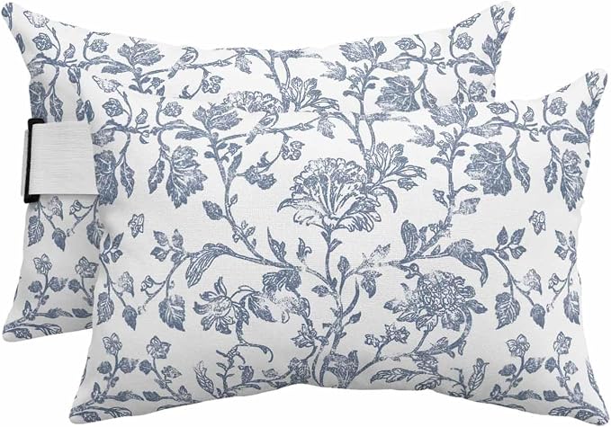 Pack of 4 Outdoor Lumbar Pillow Covers 11x16 Inch, Blue Flower Waterproof Throw Pillow Covers Set, Vintage Farmhouse Boho Leaf Spring Summer Indoor&Outdoor Cushion Cases for Patio Porch Beach