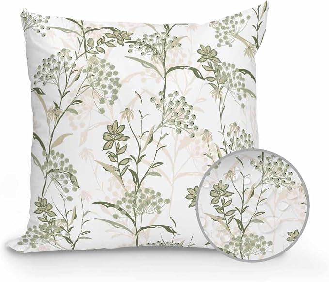 Outdoor Waterproof Throw Pillows Pastoral Sage Green Herbs Plant Patio Pillows Pack of 1,Decorative Pillow Covers with Insert,Pillow Cushion Case for Garden Couch Sofa Botanical Leaf on White