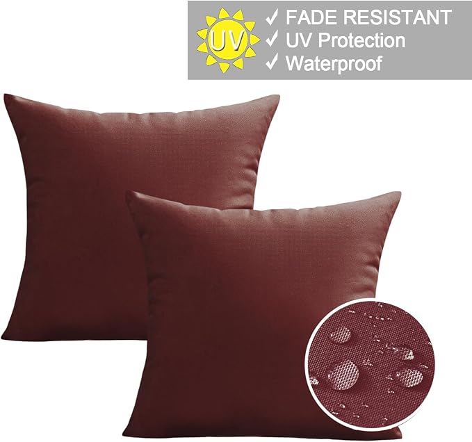 VAKADO Outdoor Waterproof Throw Pillow Covers 18X18 Set of 2 Decorative WineRed Patio Furniture Cushion Cases Outside Decor for Couch Garden Bench Porch