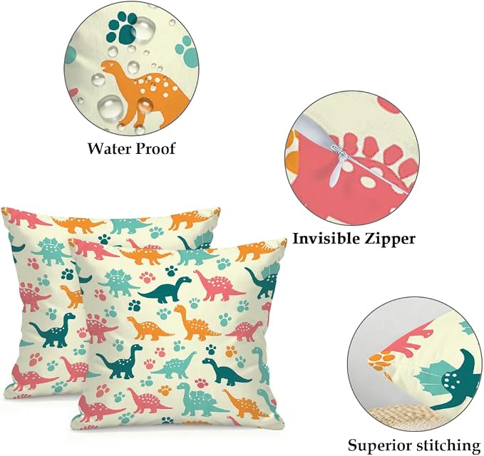 22x22 Inch Outdoor Pillow Covers Set of 2 Waterproof Throw Pillow Covers Decorative Couch Cushion Covers Colorful Dinosaurs Footprint Square Pillowcases Protectors for Patio Garden Sofa