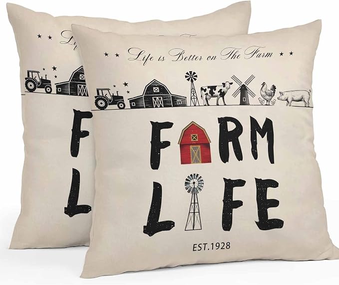 Outdoor Throw Pillows Covers 16x16 inch Set of 2 Waterproof Farm Life Decorative Zippered Cushion Covers for Patio Furniture, Retro Farmhouse Red Barn Windmill Cow Chicken Tractors Lumbar Pillowcases
