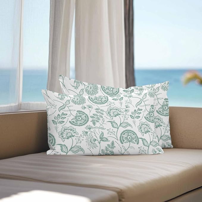 Summer Turquoise Flower Outdoor Pillow Covers 20x12in Pack of 2 Waterproof Pillowcase Retro Farmhouse Pastoral Botanical Decorative Throw Cushion Case for Patio Couch Sofa