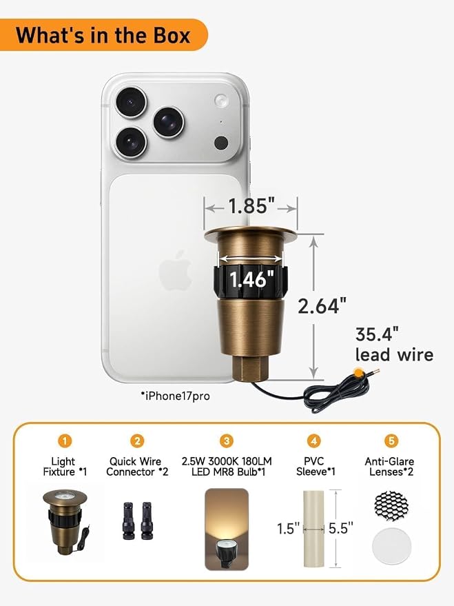 Mini Brass Well Light, 12V IP65 Drive-Over, 1 Pack | Solid Brass Body, Replaceable MR8 Bulb, PVC Sleeve, IP65 Waterproof, ETL Listed, Transformer & Wire Sold Separately