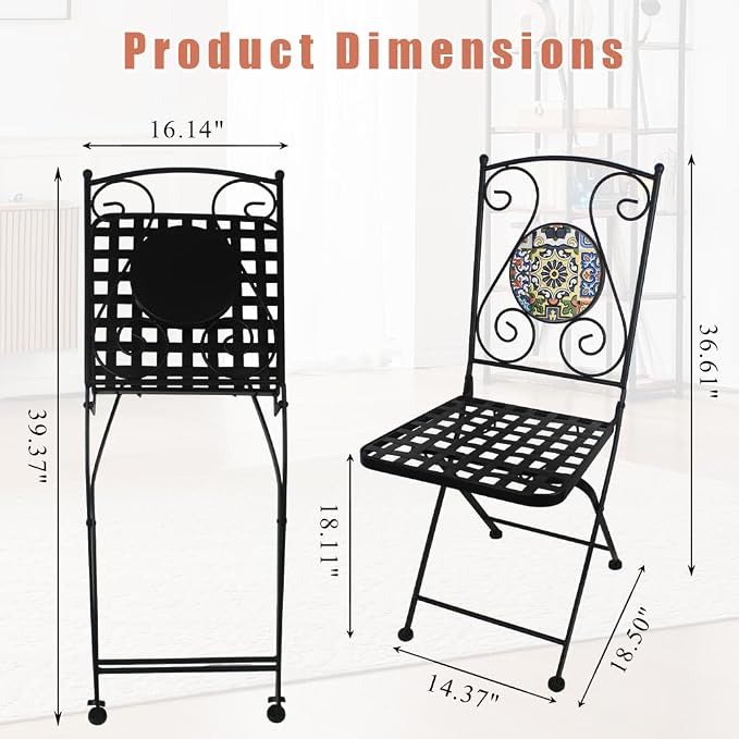 Folding Patio Chairs Set of 2 Mosaic Bistro Chair Outdoor Seating | Garden Patio Furniture Seating Heavy Duty Metal Frame Dining Chairs for Lawn Yard Balcony Porch Backyard Poolside