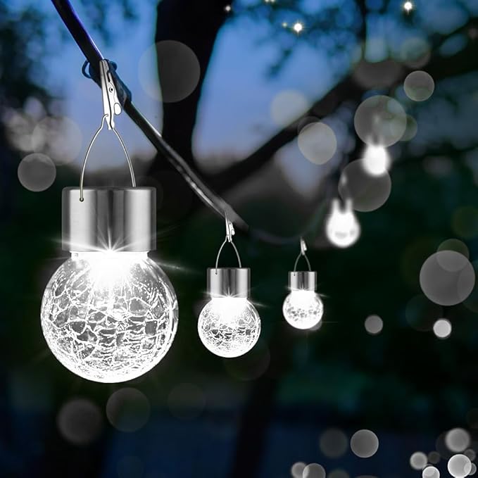 32 Pack Hanging Solar Lights Outdoor, Waterproof Solar Globe Lantern with Handle and Clip, Decorative Cracked Glass Ball Lights for Christmas Decor, Tree, Yard, Garden, Patio (Cold White)