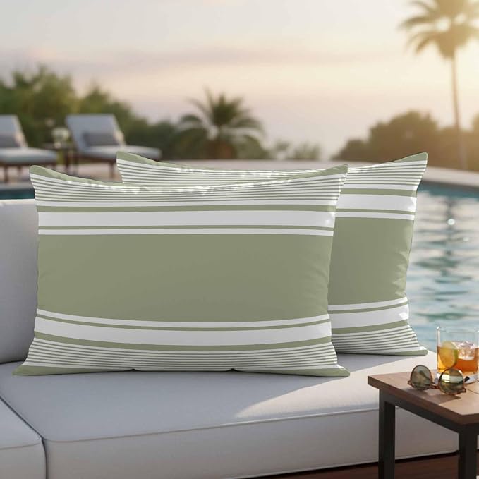 Vandarllin Outdoor Throw Pillows Covers 20x12 inch Set of 2 Waterproof Sage Green Stripes Decorative Zippered Cushion Covers for Patio Furniture, Striped Lines Lumbar Pillowcases