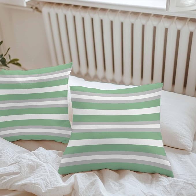 Green Grey Stripe Outdoor Pillow Covers Waterproof, All Weather Cushion Case Set of 2, Minimalist Farmhouse Striped Decorative Pillowcases for Sofa Couch Bed Decor Patio Furniture 18"x18"