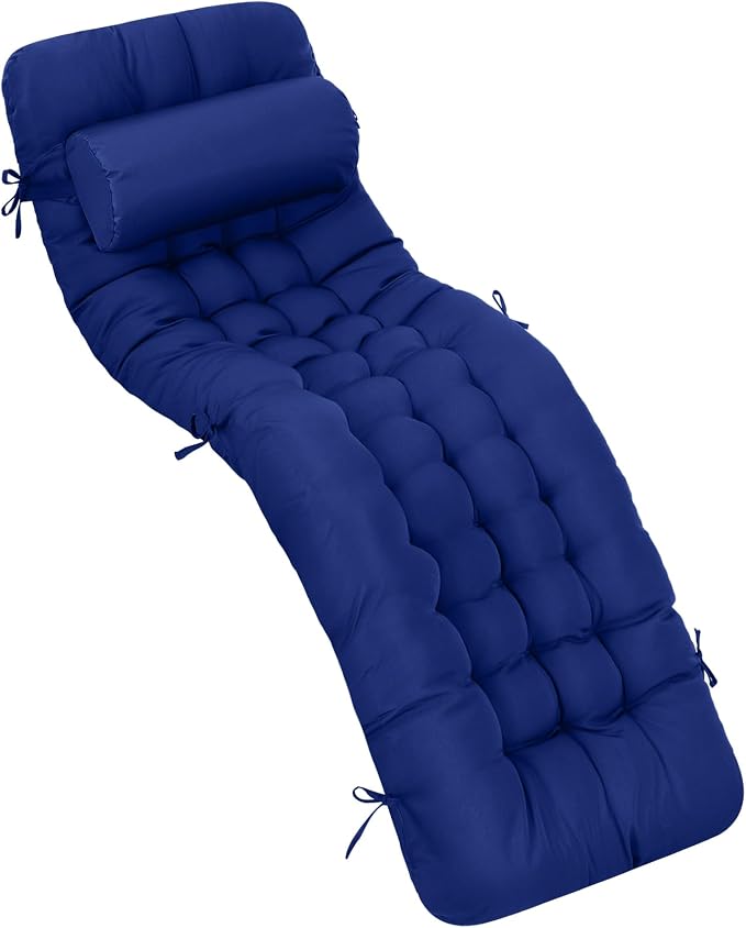 Tudomro Outdoor Chaise Lounge Cushion 66x21x4'' Waterproof & Fade-Resistant Patio Pool Chaise Lounge Cushion Headrest Pillow Tie Replacement Rocking High Back Chair(Navy Blue,1 Pcs)